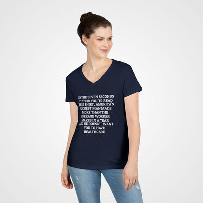 In the Seven Seconds It Took You To Read This Shirt, America's Richest Man Made More than the Average Worker Makes In a Year And He Doesn't Want You to Have Healthcare Women's V-Neck Tee