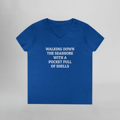Walking Down the Seashore With a Pocket Full of Shells Women's V-Neck Tee
